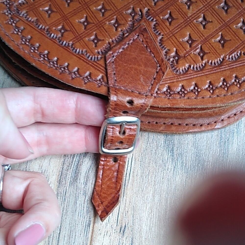 Brown Tooled Leather Boho Mini Satchel Purse - Picture 3 of 11